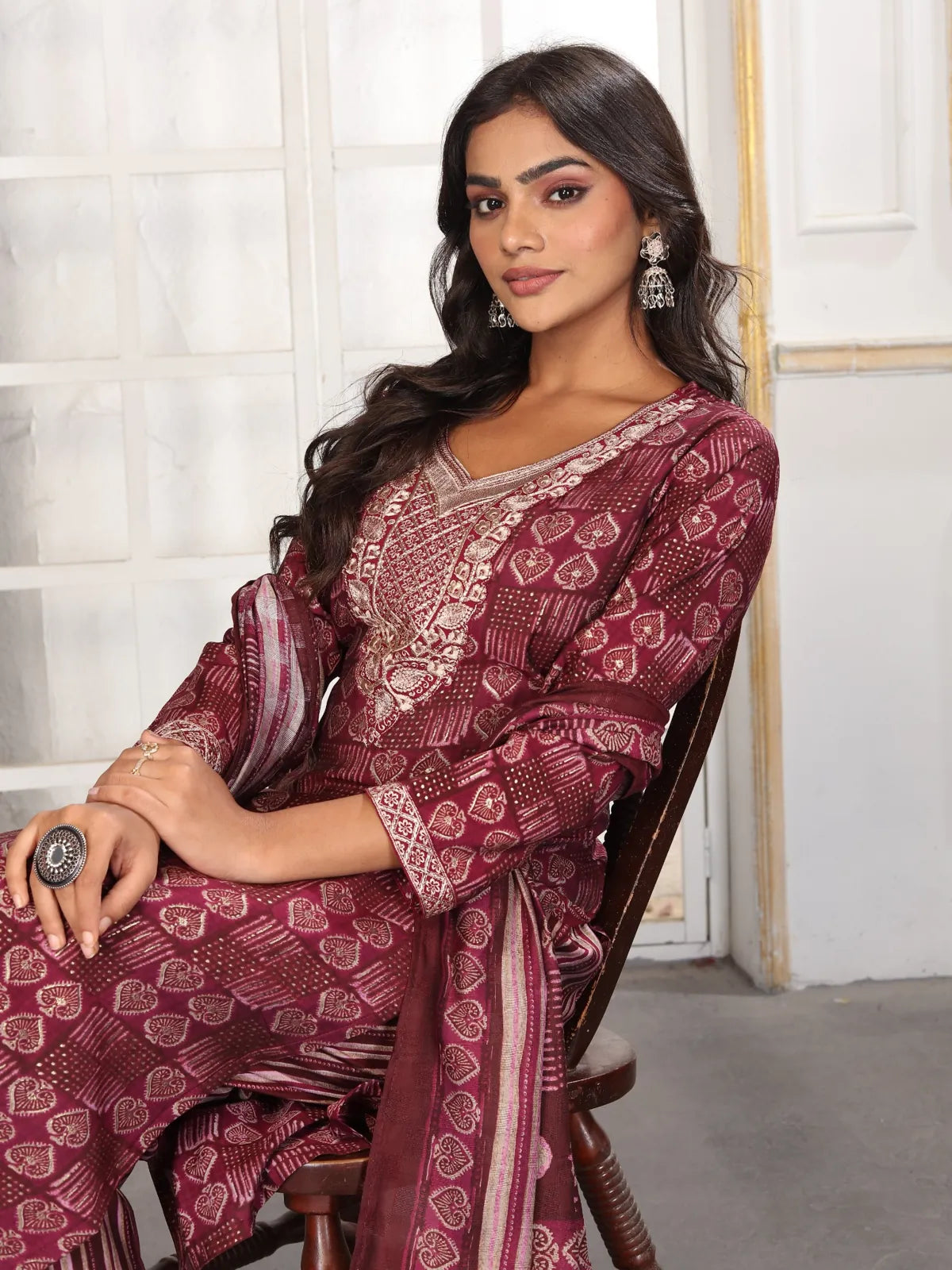 Tarani maroon Chanderi embroidered dress upper body view with neckline closeup