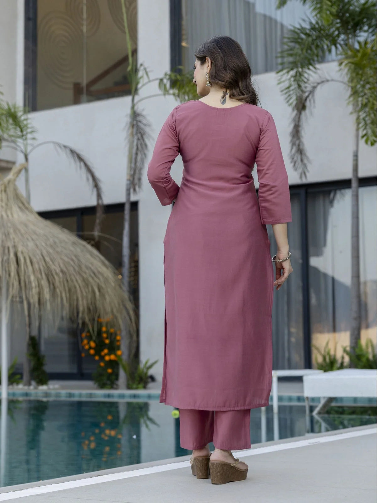 Tarani mauve chanderi dress with plain back design and comfortable stitched pant back view