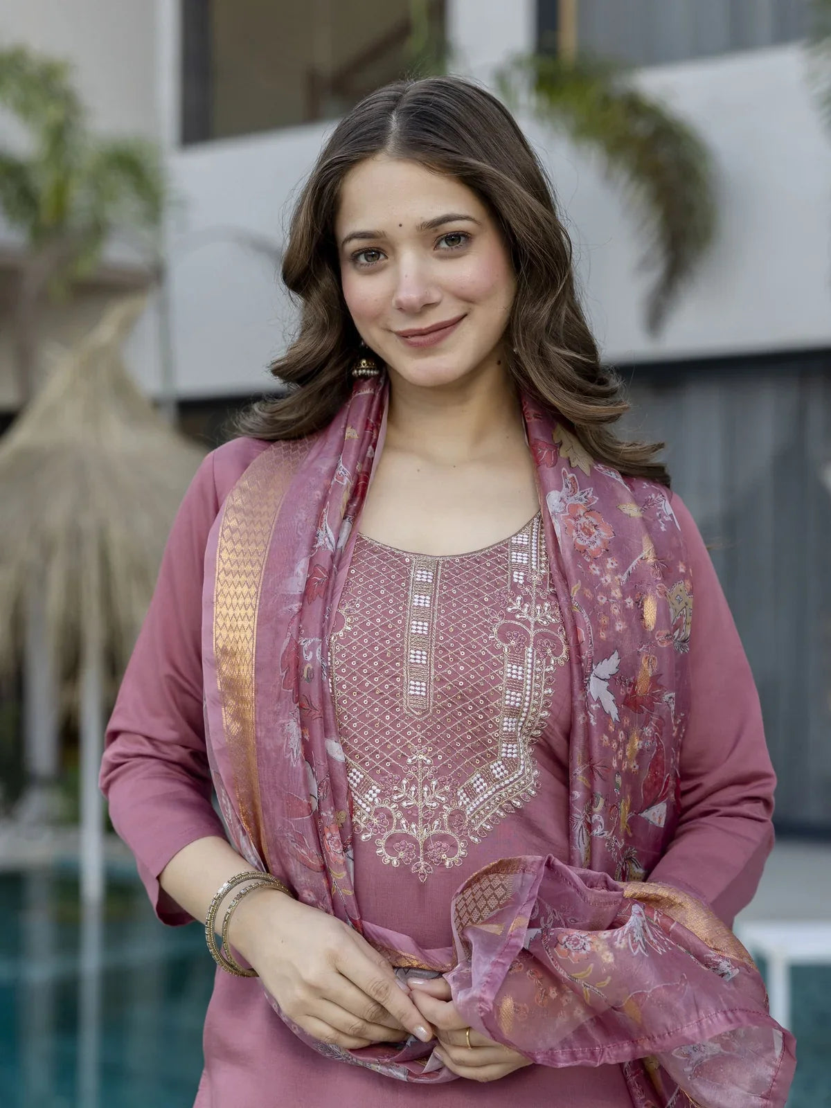 Tarani mauve chanderi dress with delicate embroidery and organza dupatta upper body view