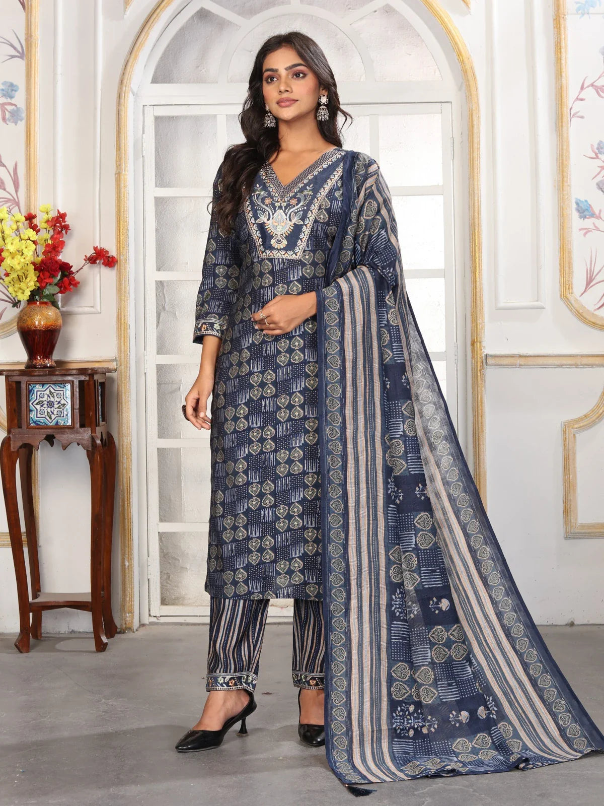 Tarani navy blue Chanderi embroidered dress full view with pant and dupatta