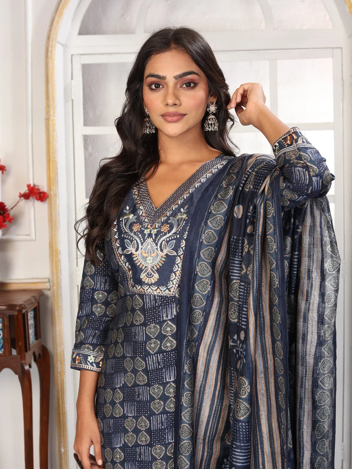 Tarani navy blue Chanderi dress upper body closeup showing neckline embroidery