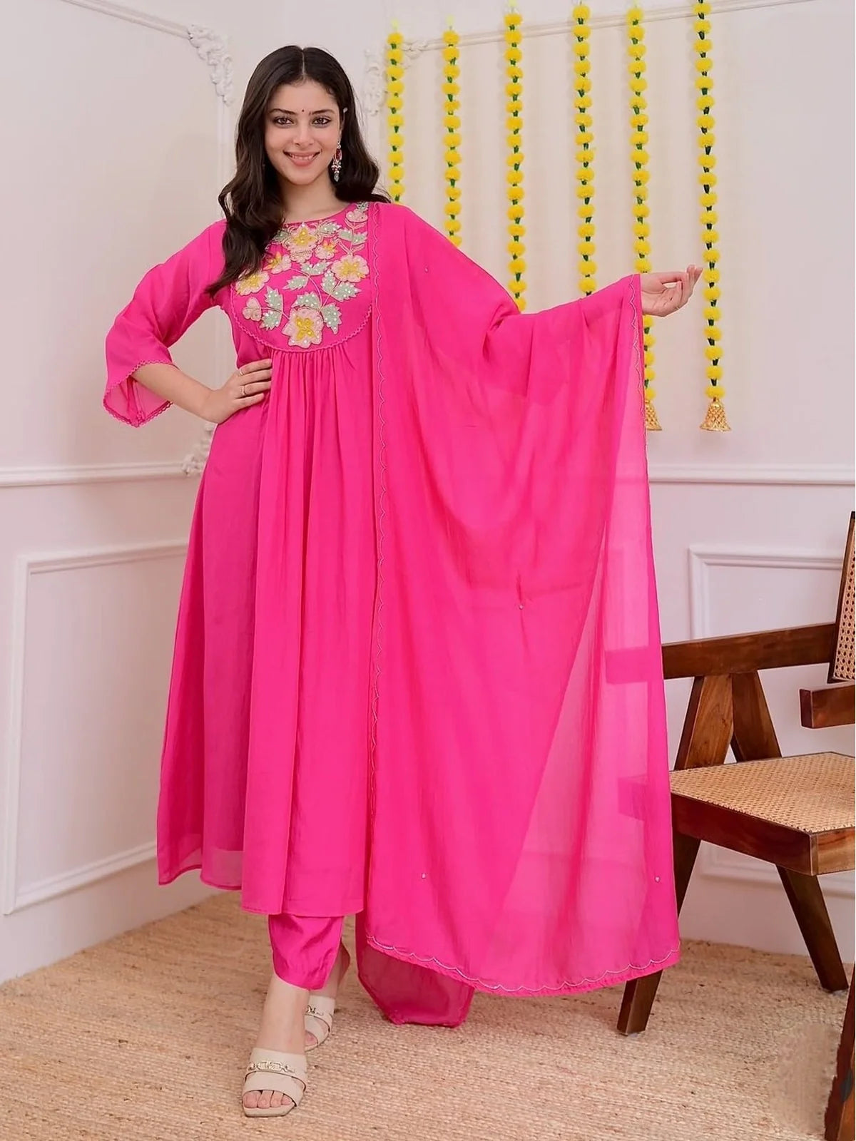 Tarani pink Chanderi embroidered dress with pants and organza dupatta full view