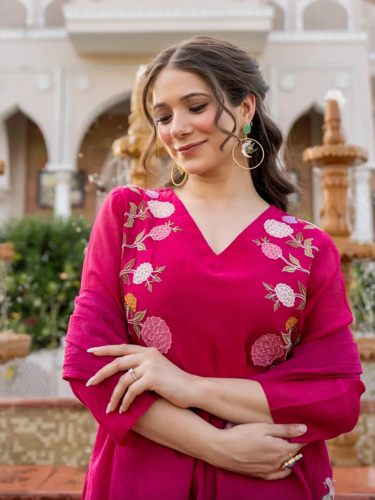 Tarani pink chanderi dress upper body closeup showing neckline and embroidery