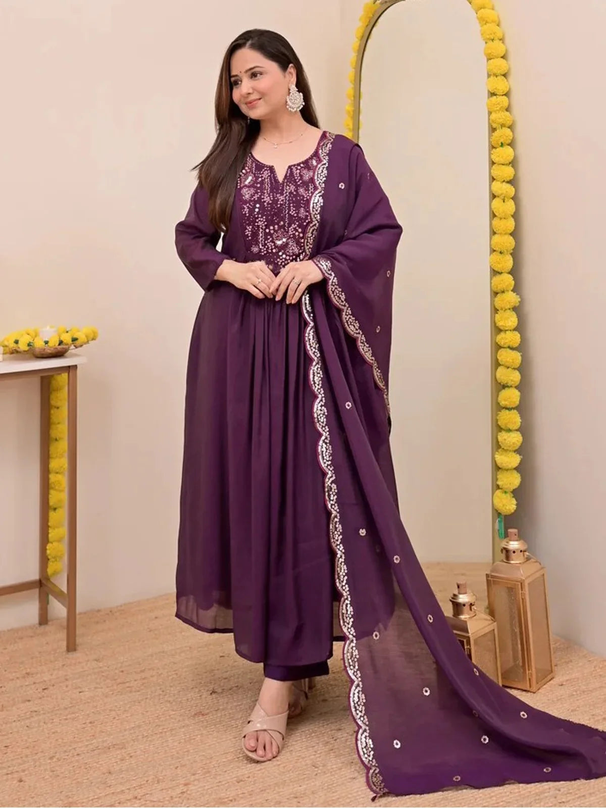 Tarani full view of purple chanderi silk festive dress with pant and embroidered dupatta