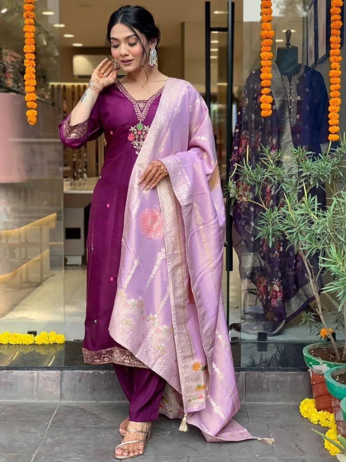 Tarani purple chanderi dress with floral embroidery and jacquard dupatta front full view