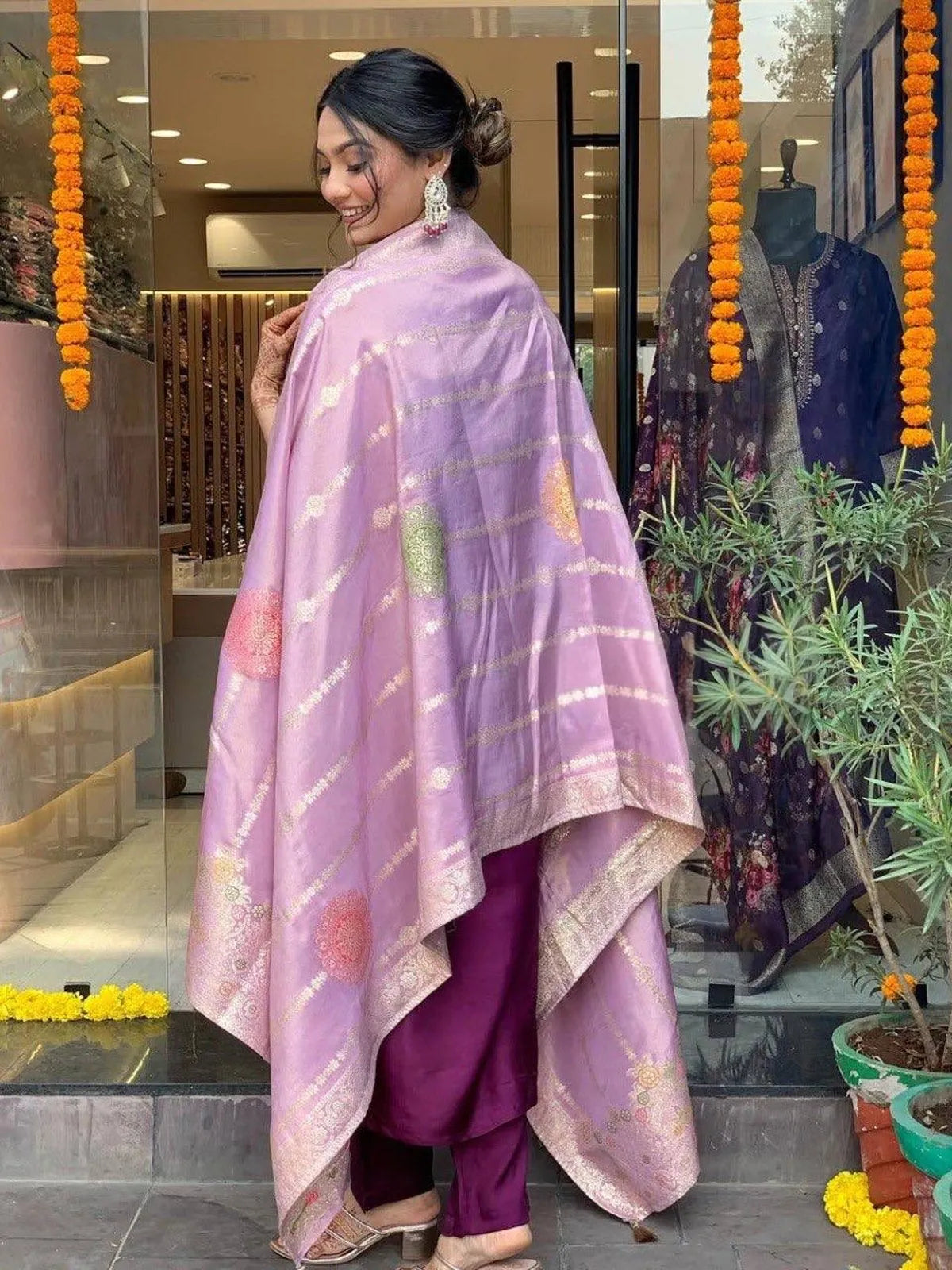 Tarani purple chanderi dress full back view with soft jacquard dupatta and festive styling