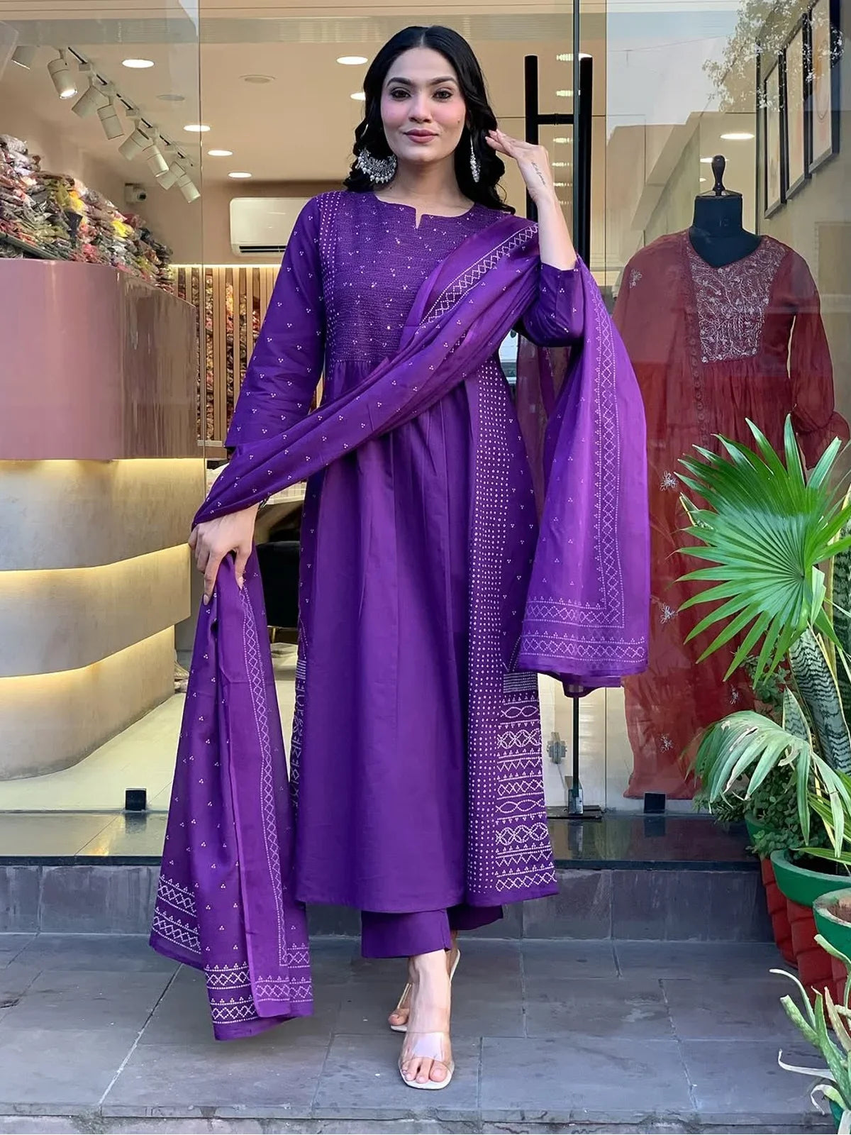 Tarani premium purple Chanderi embroidered festive dress with dupatta front full view