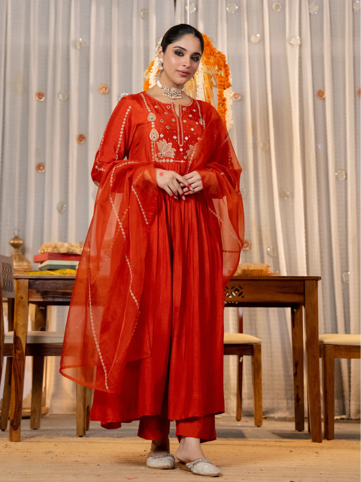 Tarani premium red chanderi silk festive dress with embroidered dupatta front full view