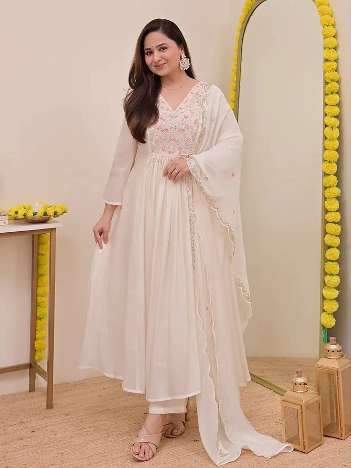 Tarani white chanderi embroidered festive dress front view with dupatta and pants