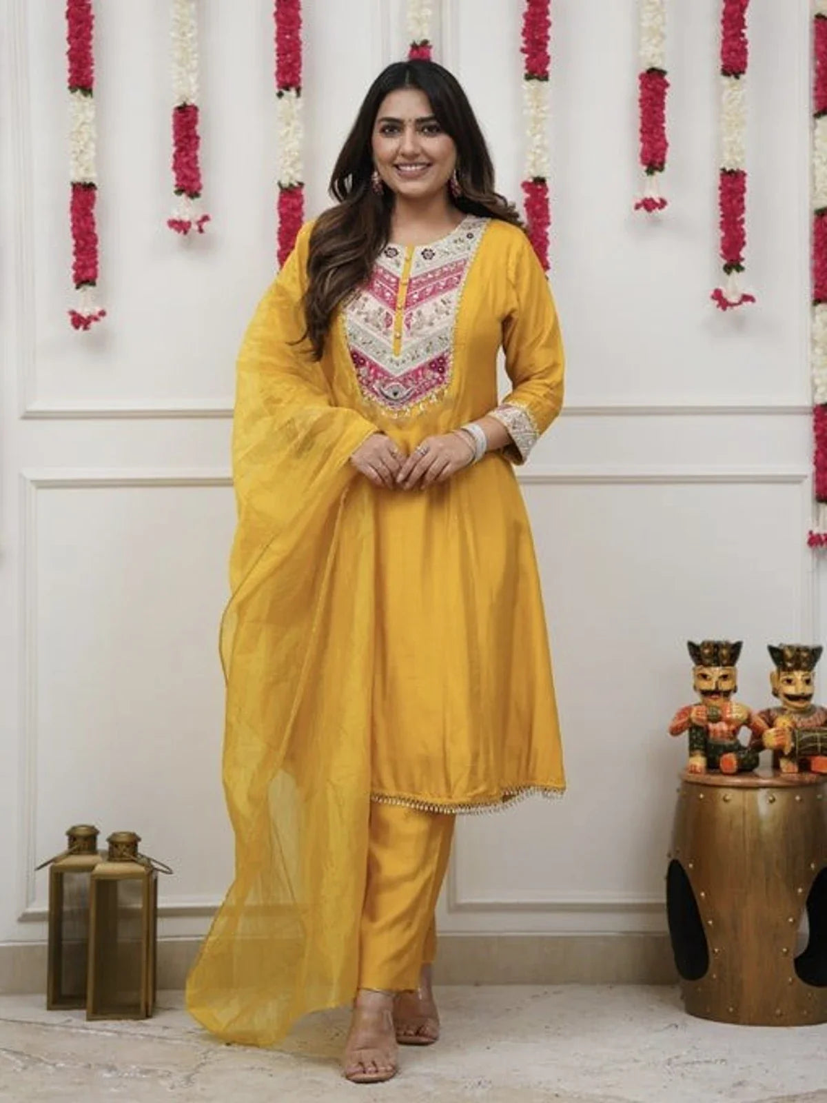 Tarani festive yellow chanderi dress with embroidered neckline and matching pant front view