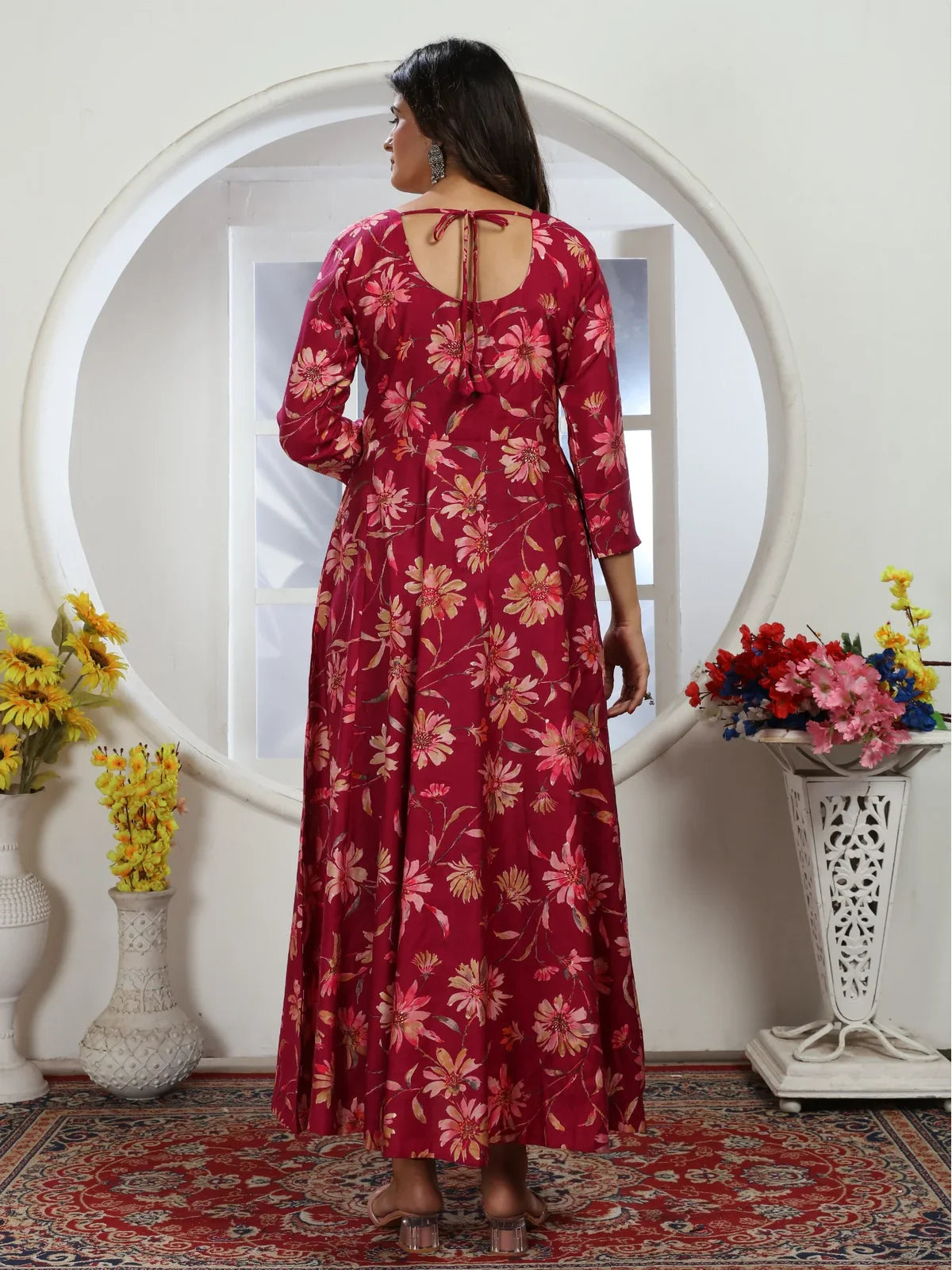 Tarani gown back view with tie-up detail and soft floral chanderi fabric flow