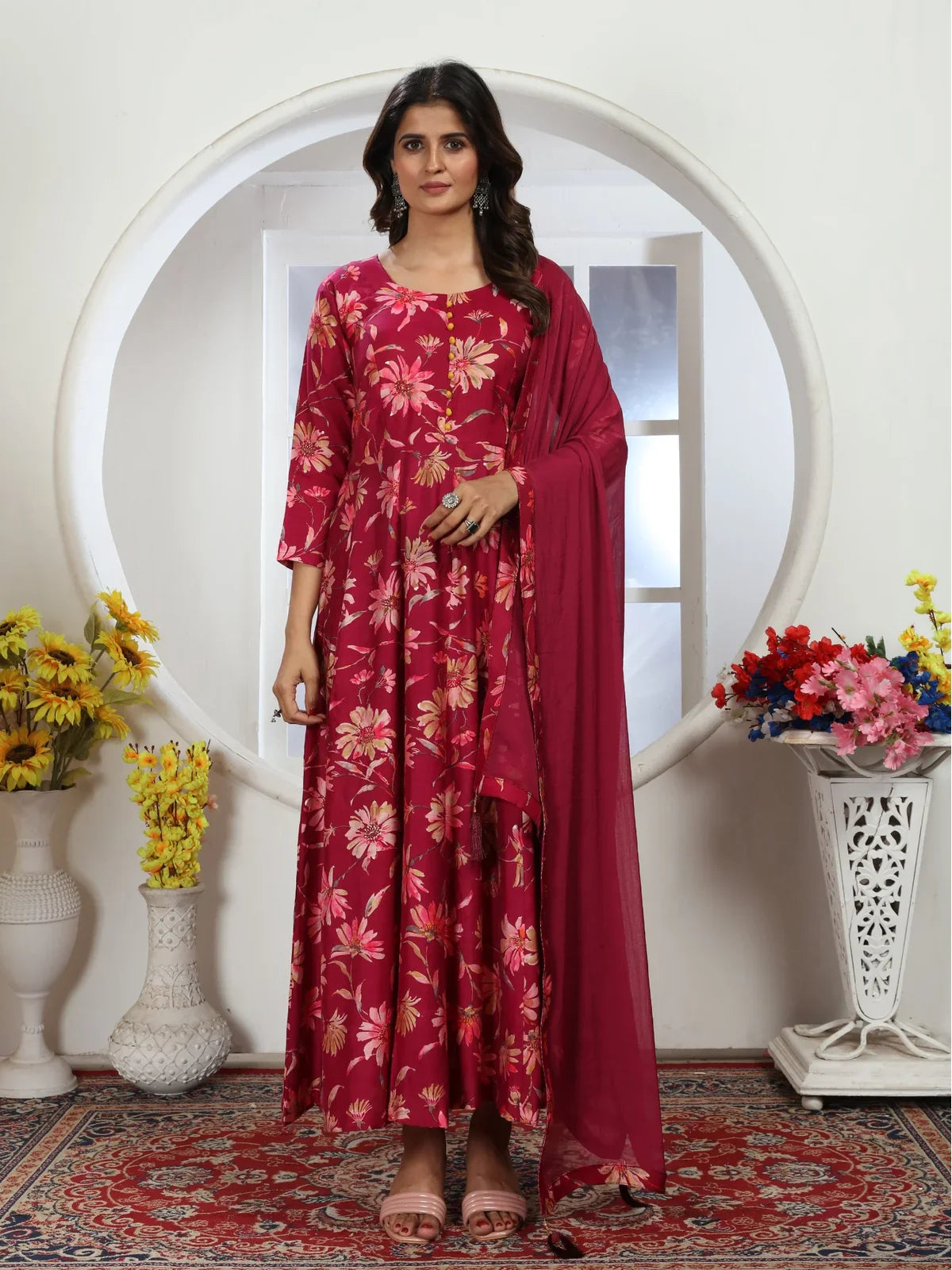 Tarani premium maroon chanderi gown with floral print and lace dupatta front view