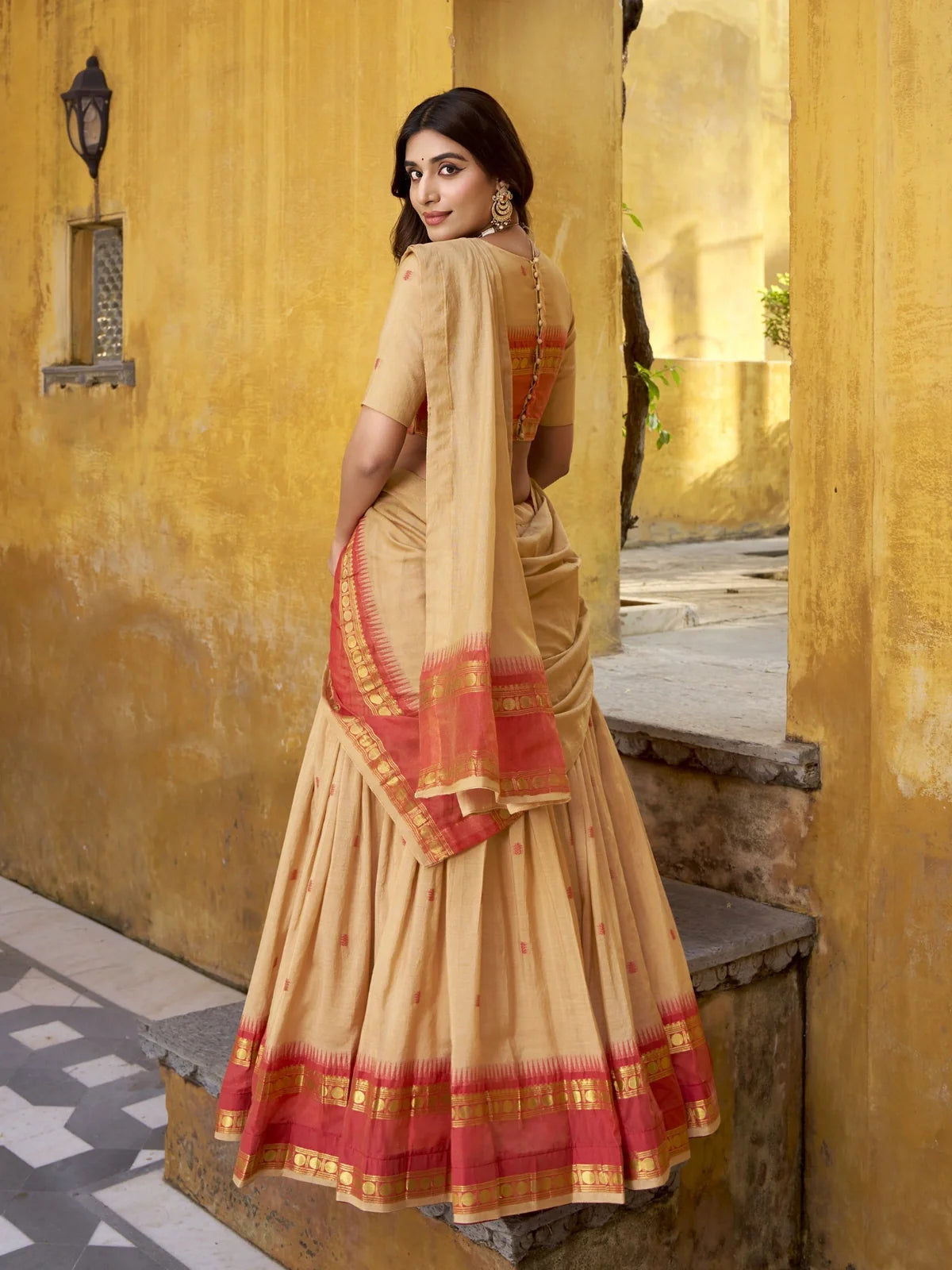 Tarani beige lehenga with zari border and back blouse design captured from rear angle