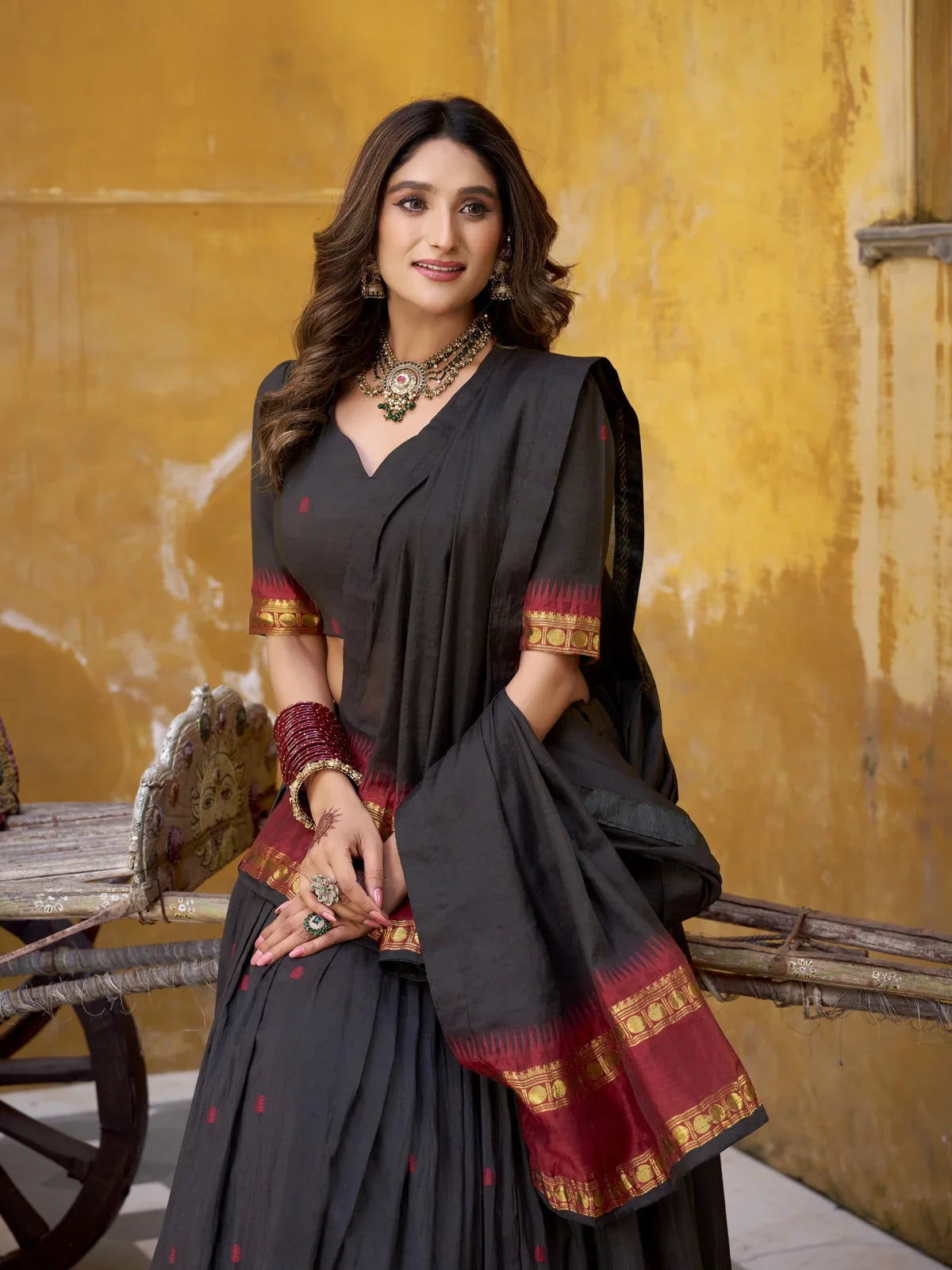 Tarani Chanderi lehenga upper body shot showing blouse with zari sleeve design