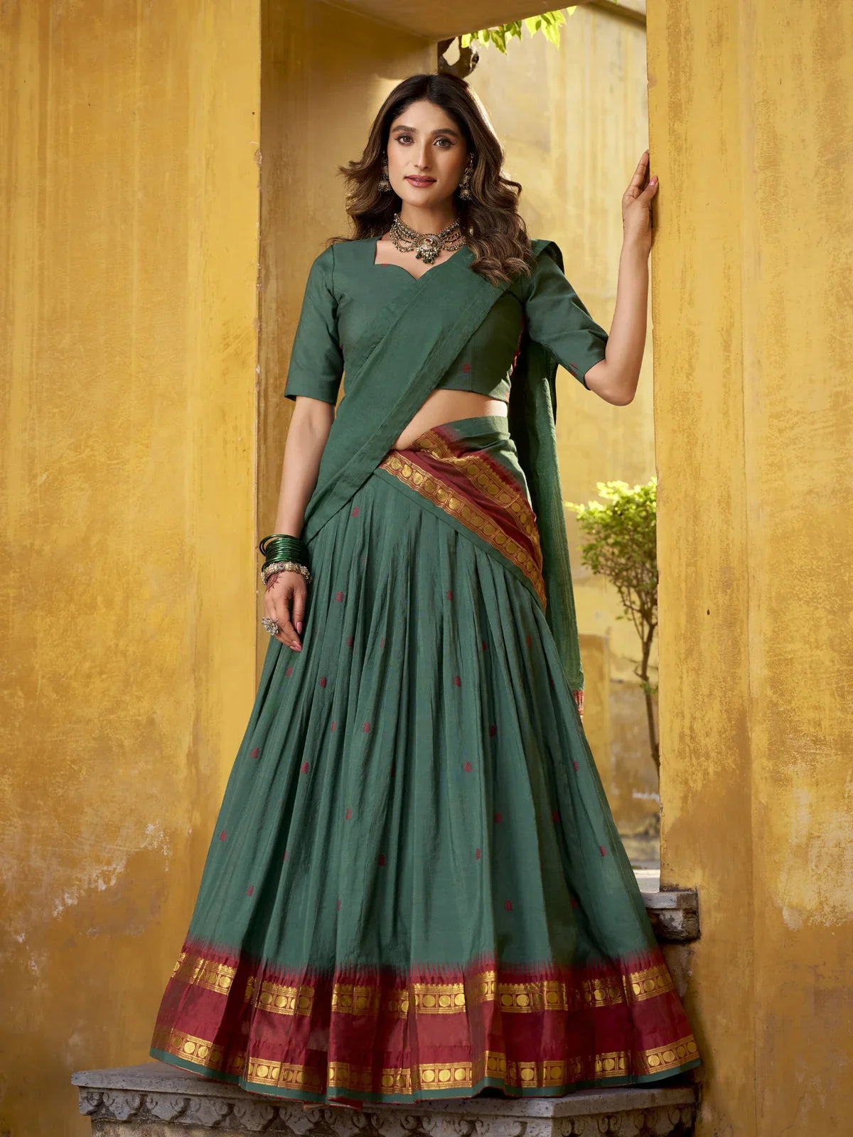 Tarani elegant chanderi green lehenga full view with zari weaving and festive style