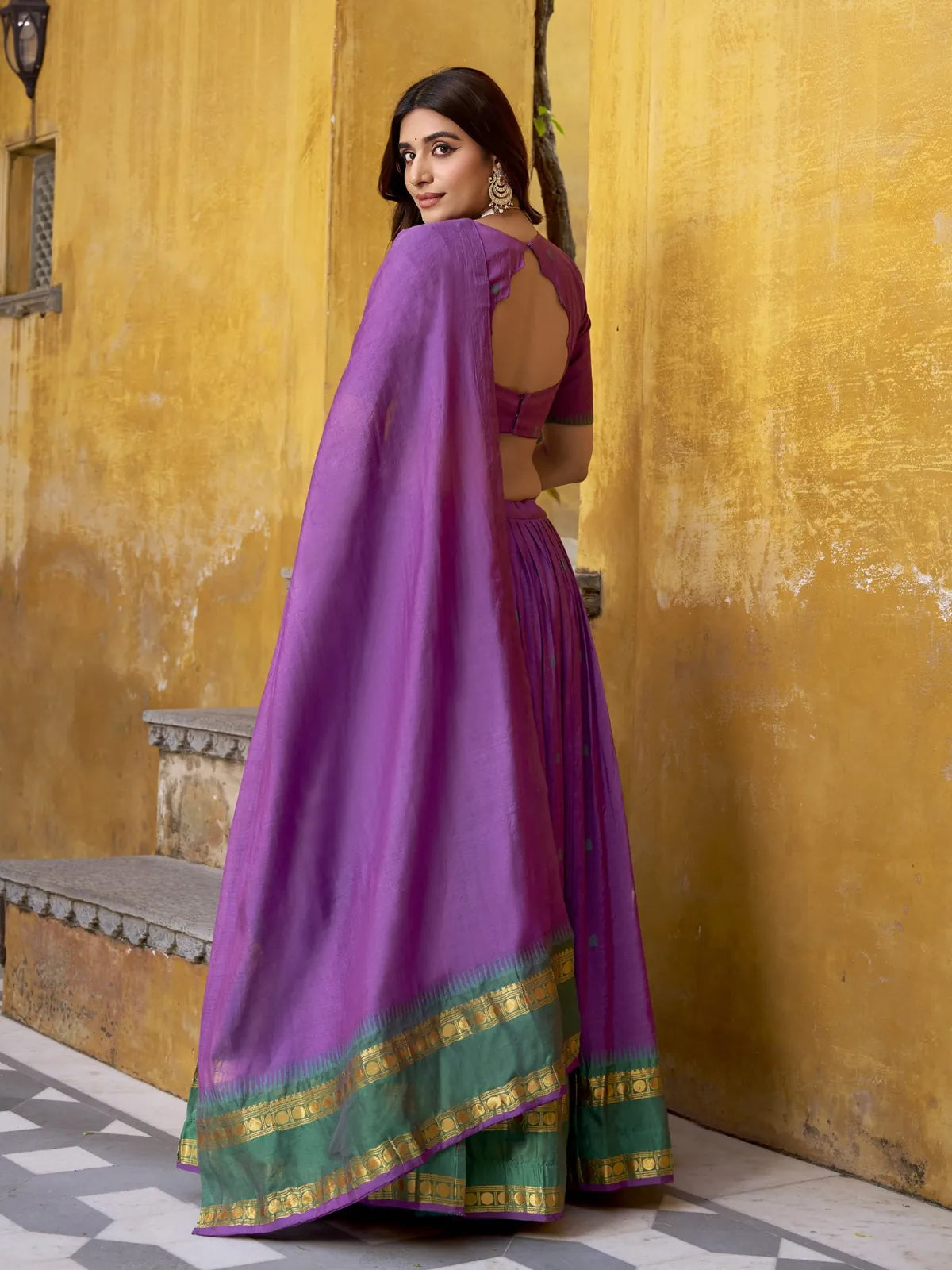 Tarani Chanderi lehenga back view with open blouse design and flowing dupatta