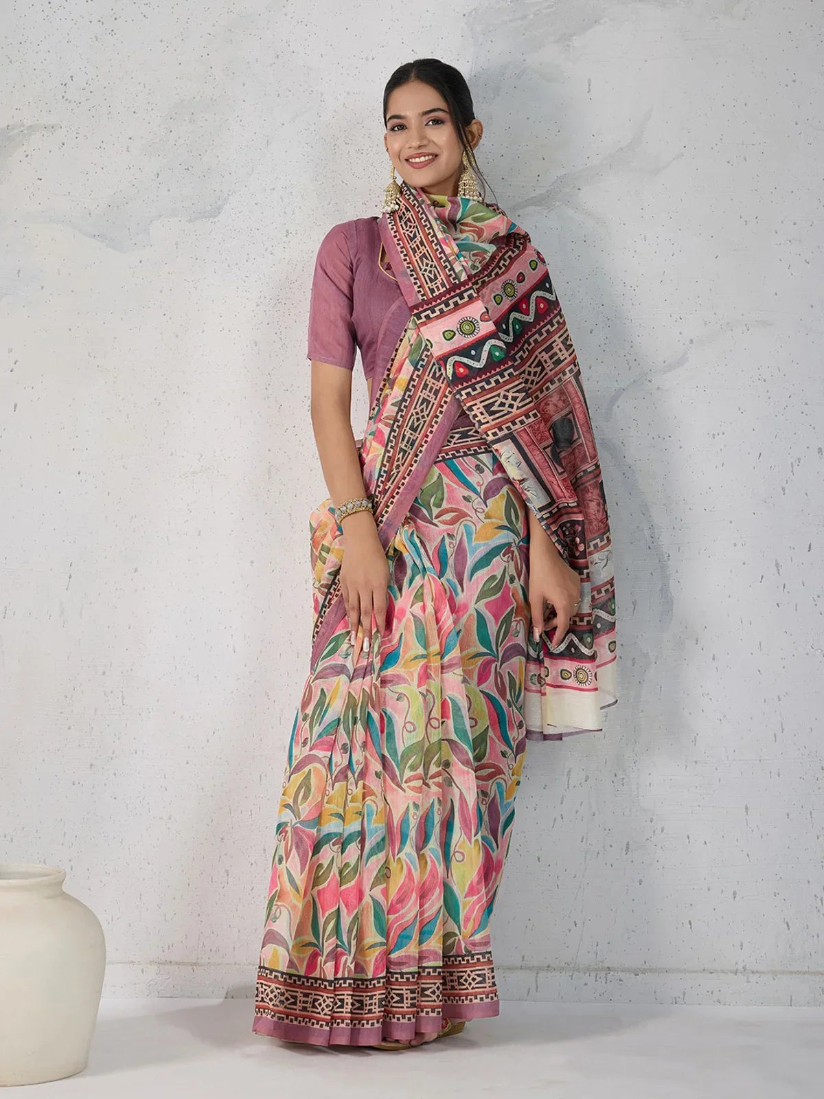 Tarani multicolor Chanderi saree with vibrant leaf motifs and traditional border in full-view