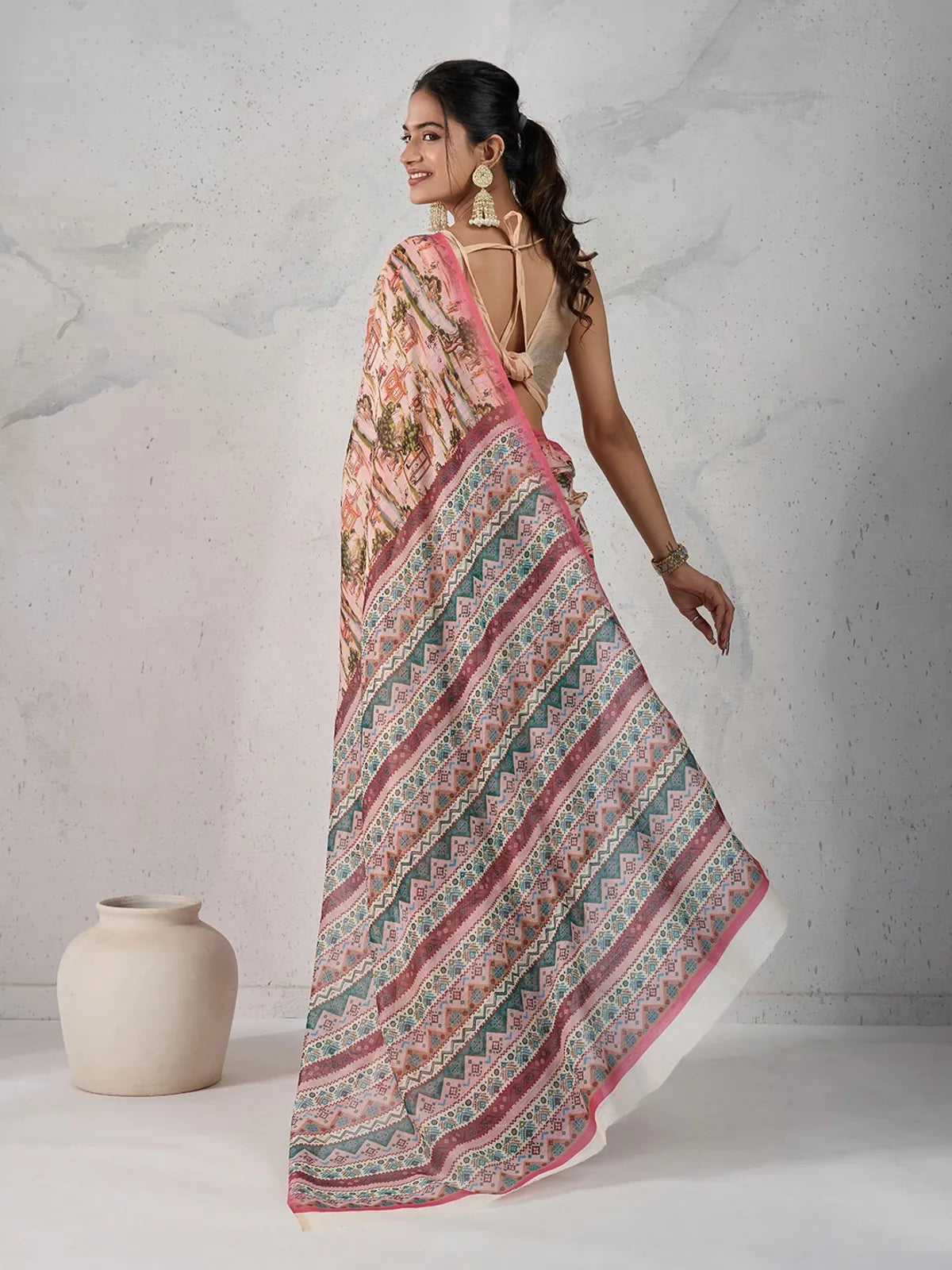 Tarani pink chanderi saree back view with tassel blouse and digitally printed pallu drape