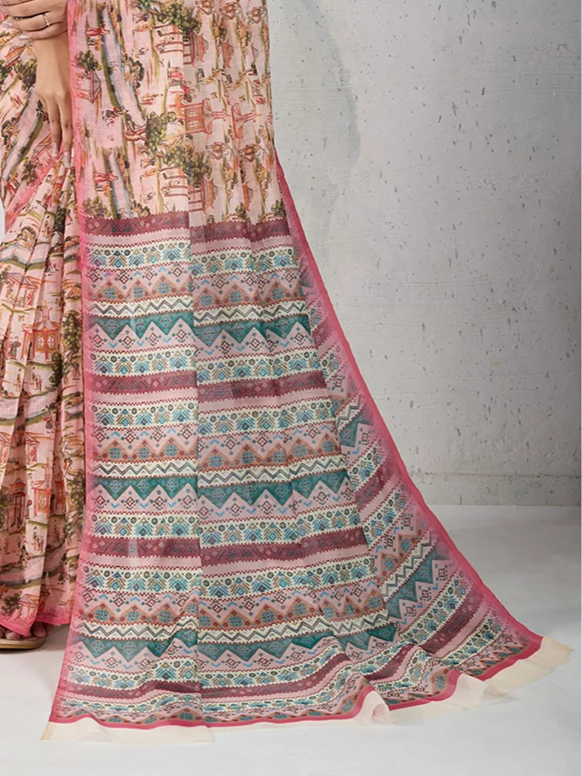 Tarani chanderi saree pallu with colorful geometric digital prints and soft pink base on display