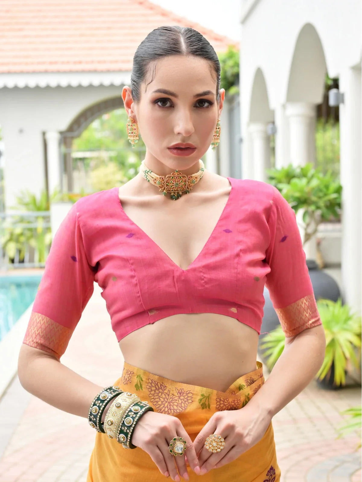 Tarani mustard cotton saree upper-body-view showing fabric and drape details