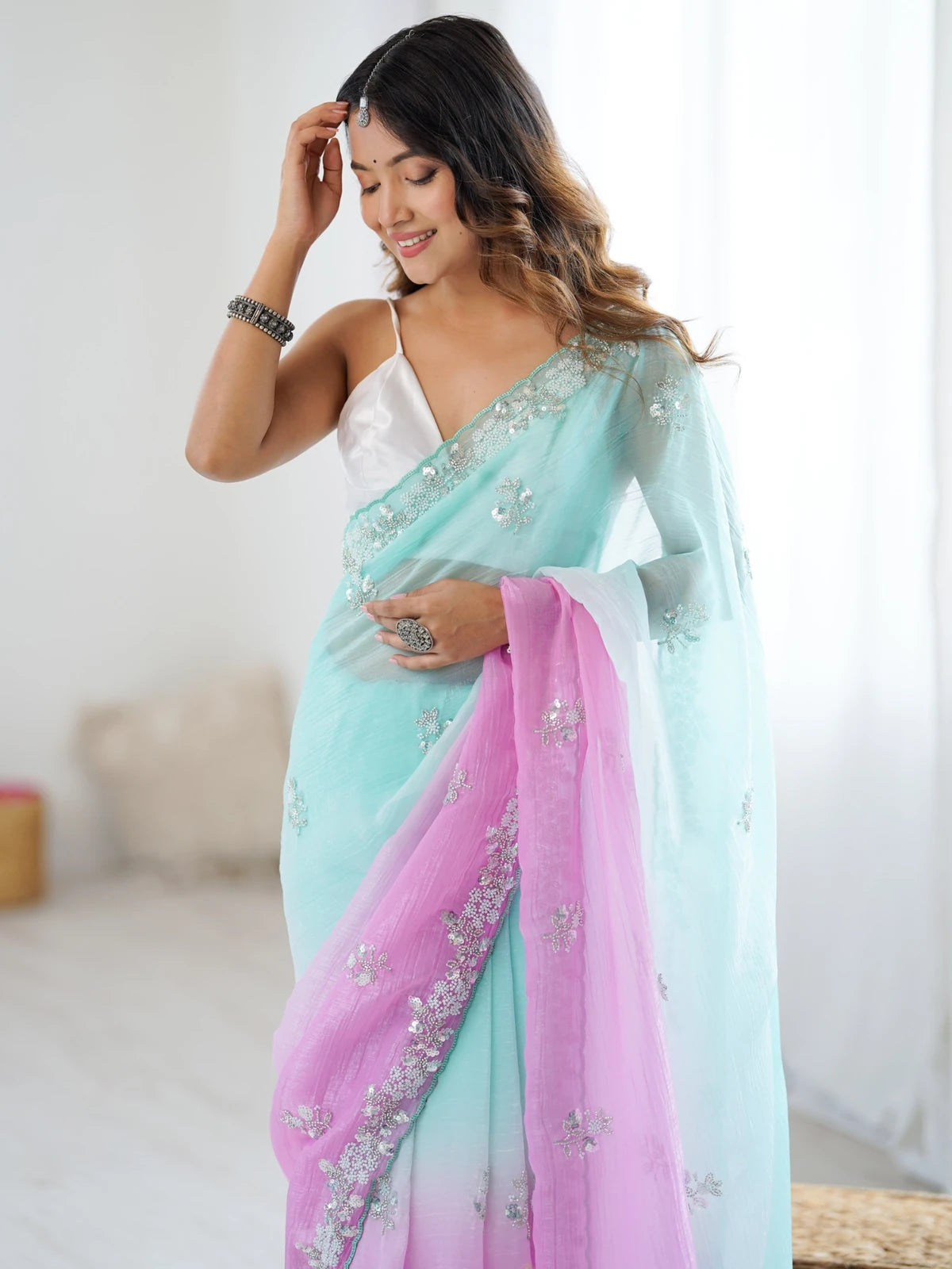 Tarani Damyanti chiffon crush saree upper body view with elegant embroidered border and pallu