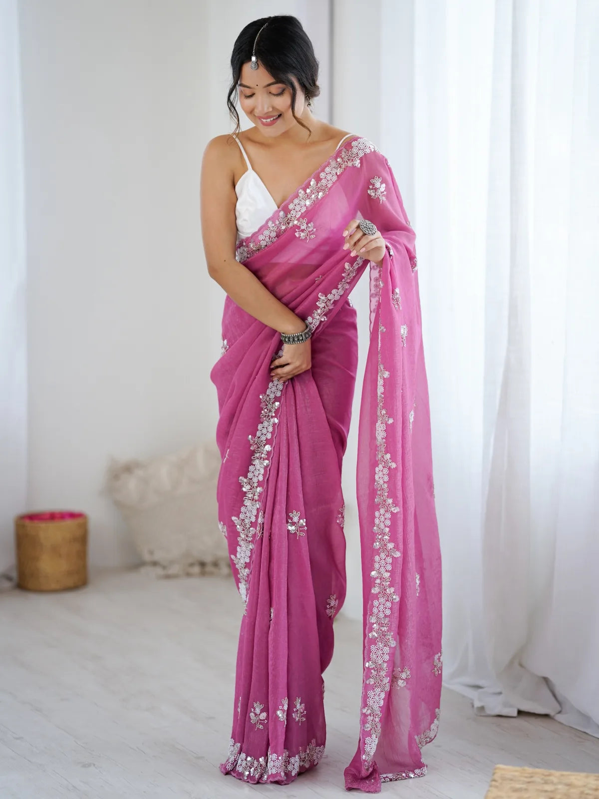 Tarani Mugdha pink chiffon crush saree with sequence moti and cut dana work full view party wear saree