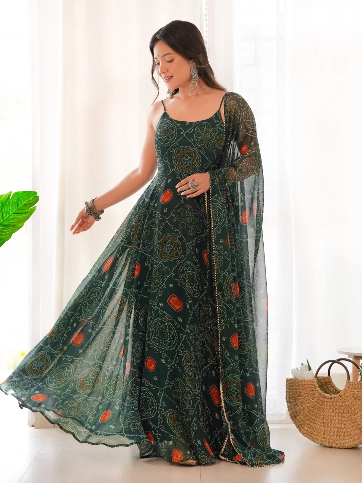 Tarani green chiffon gown with full flair and matching dupatta - full front view