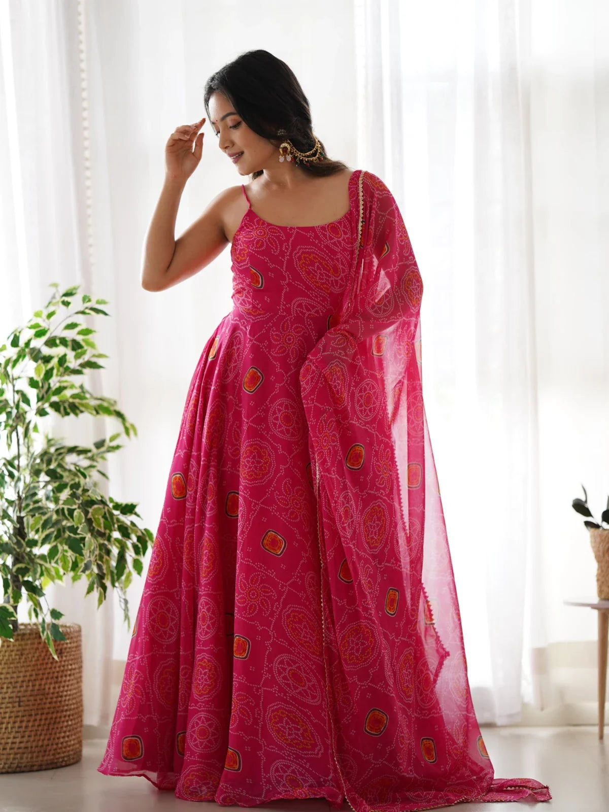 Tarani pink chiffon ceremonial gown full front view with dupatta drape