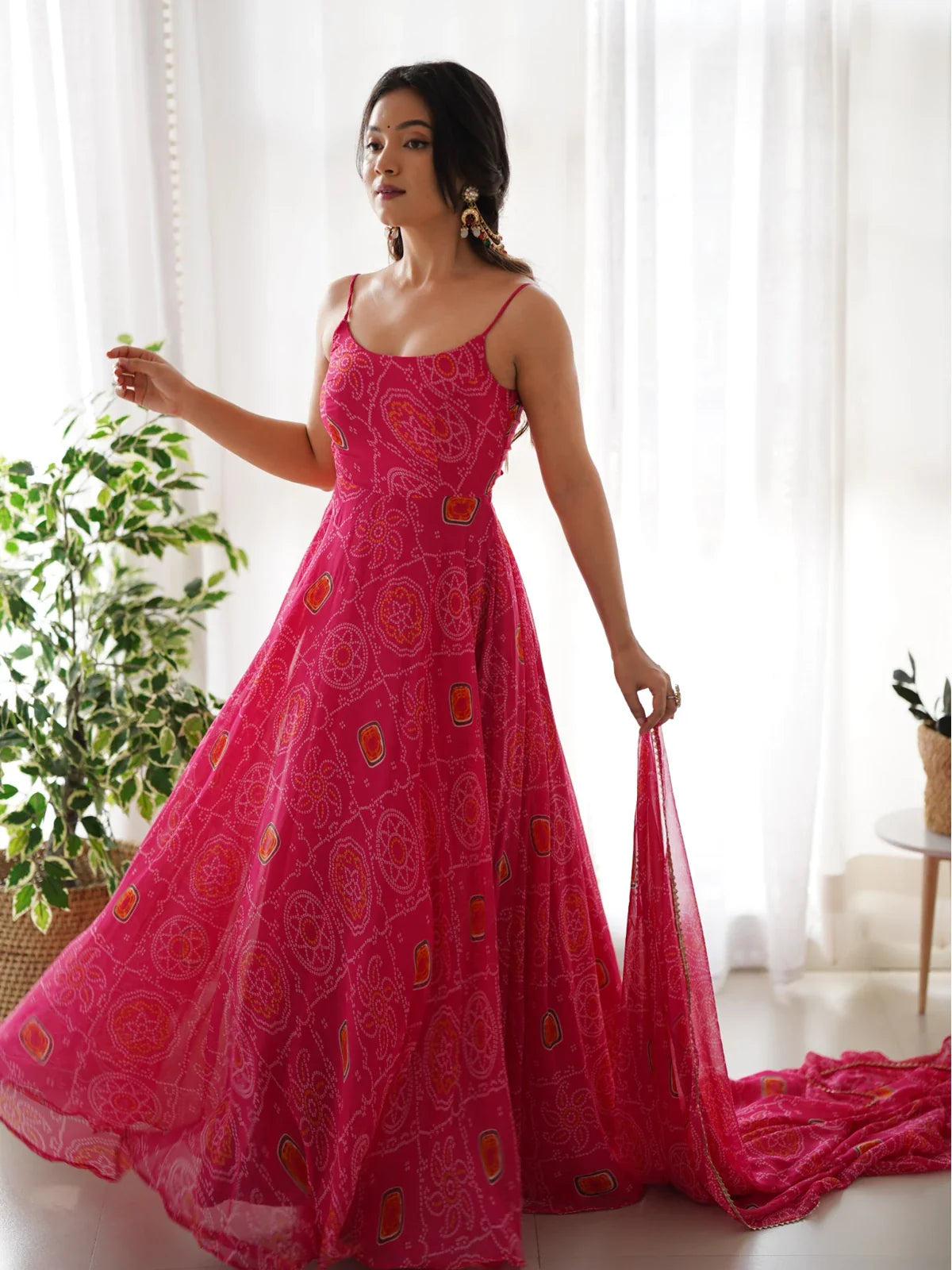 Tarani pink chiffon flared gown full view for wedding and party