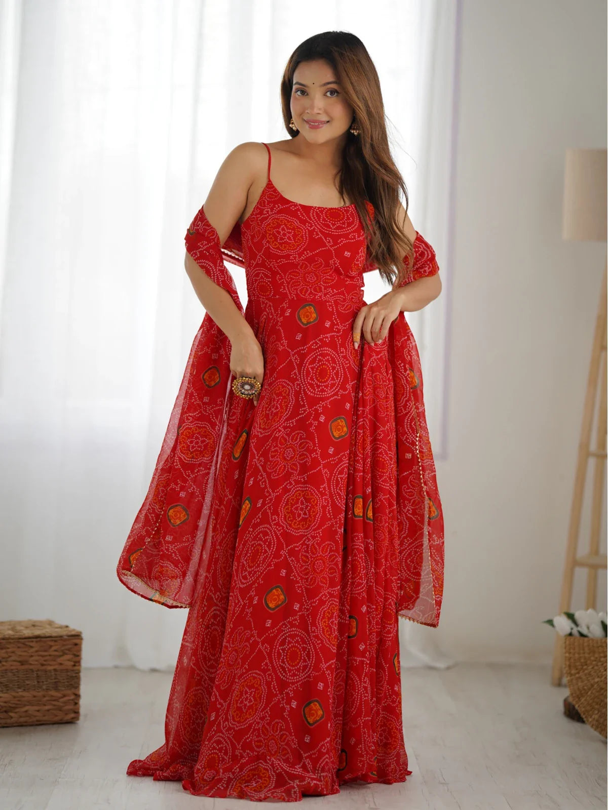 Tarani red chiffon gown with 8 meter flair front full view for festive occasions