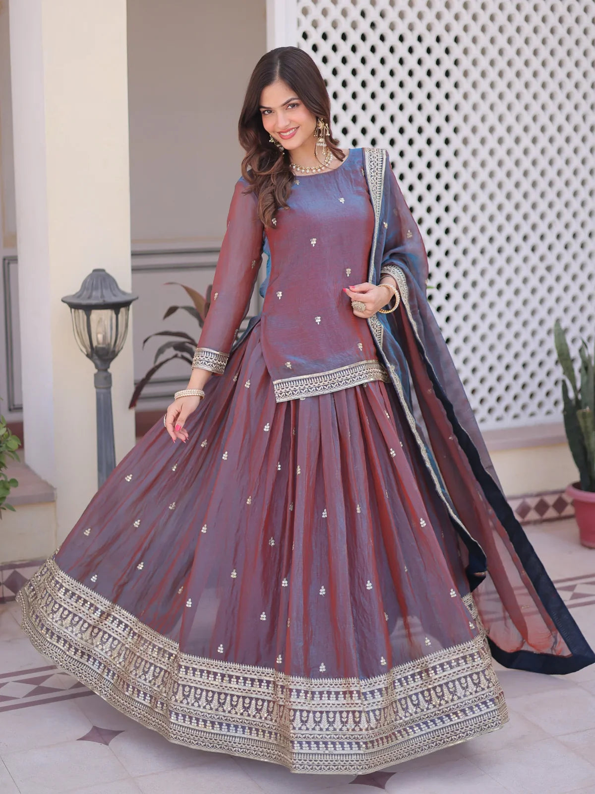Tarani maroon chiffon lehenga with zari sequin embroidery and blouse for festive occasions