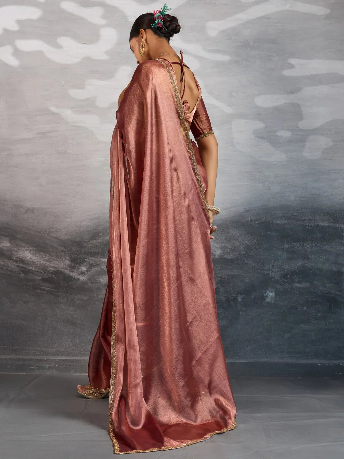 Tarani brown chiffon saree full back view highlighting pallu and border design