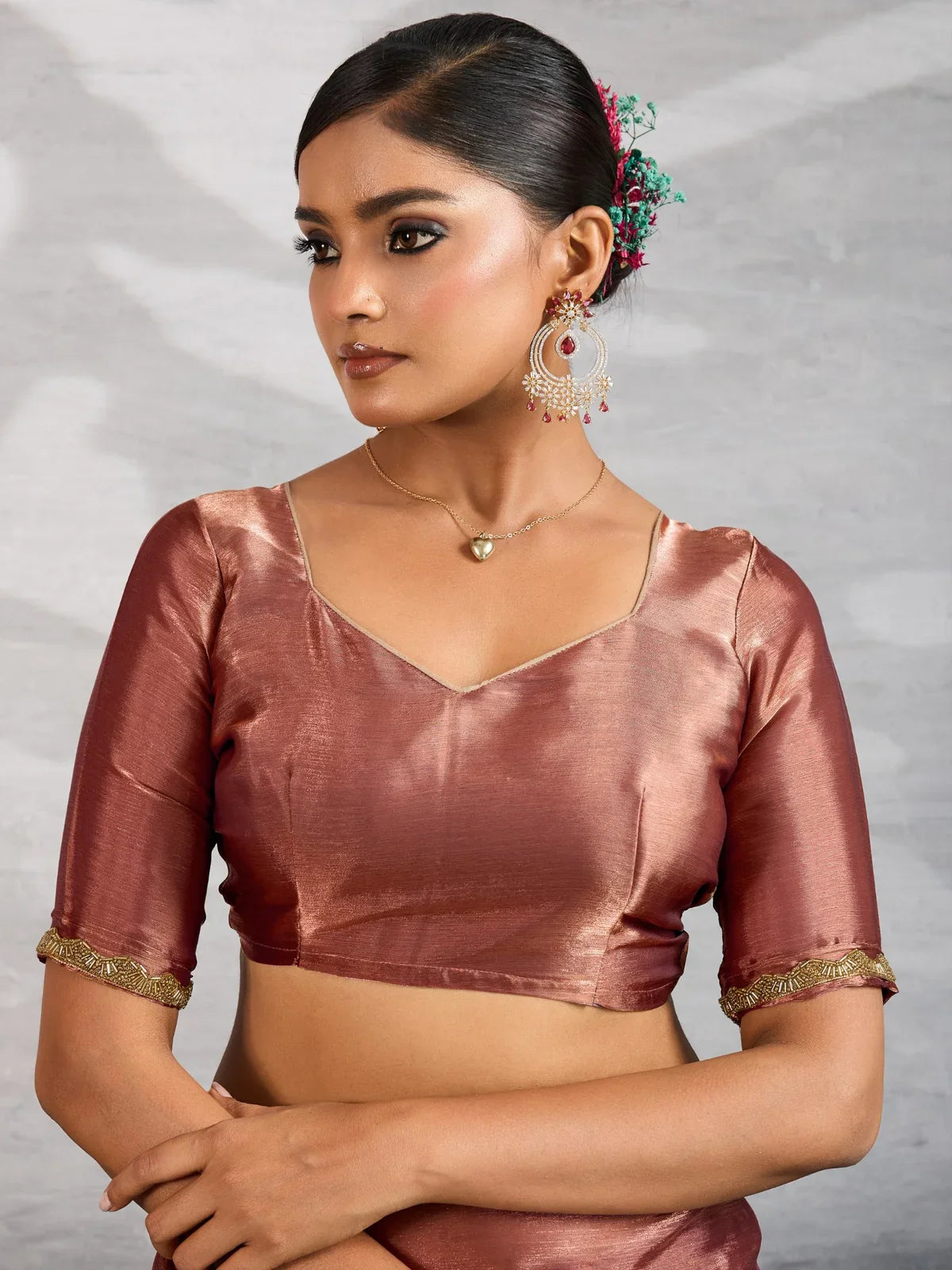 Tarani brown chiffon blouse closeup view with lace sleeves for party wear