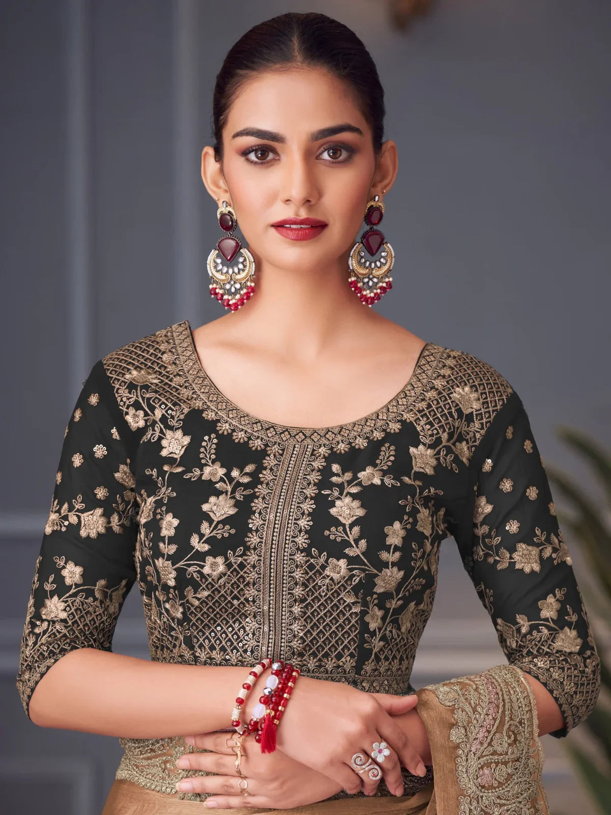 Tarani brown chiffon silk saree front pose highlighting blouse and drape