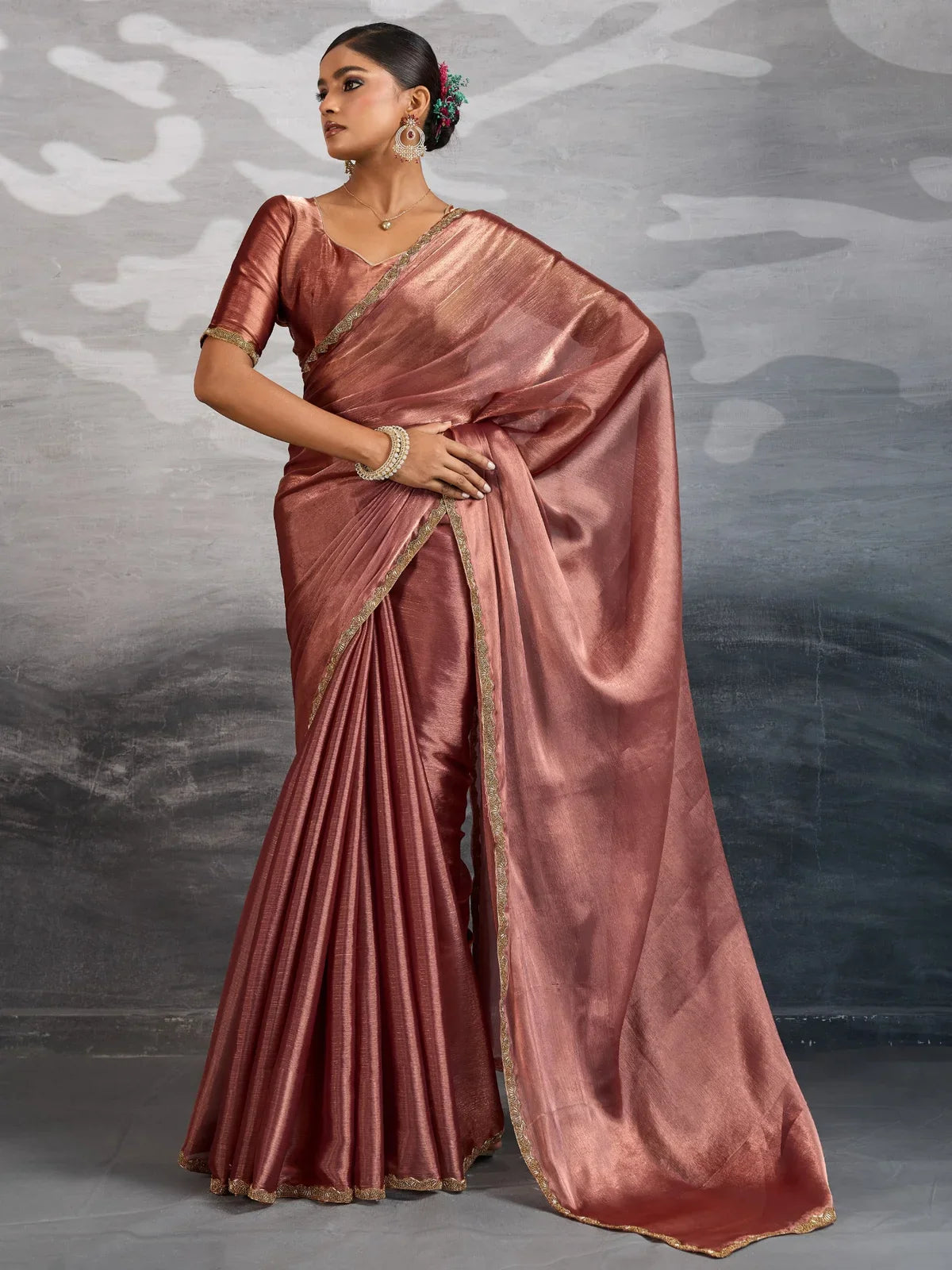 Tarani premium brown chiffon saree full view with lace blouse design for party and festive wear