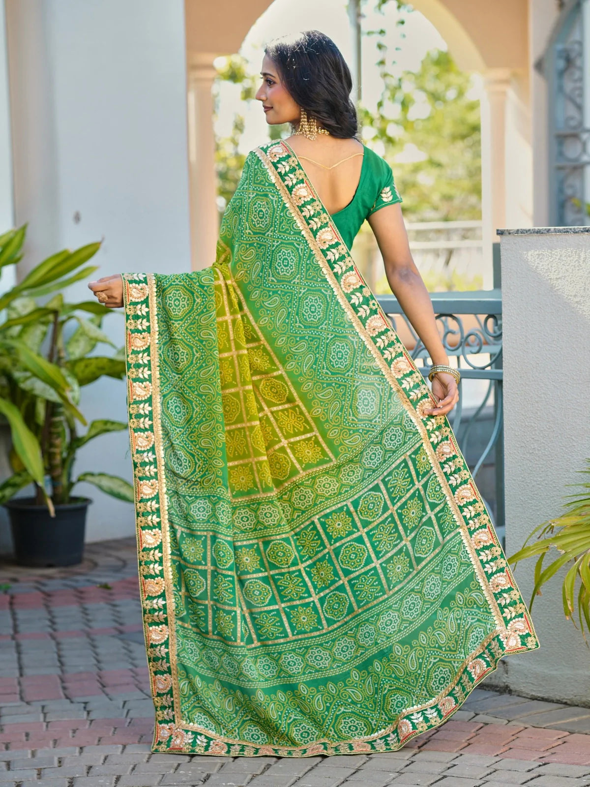 Tarani saree back view with draped pallu in bright green tone and intricate border embroidery