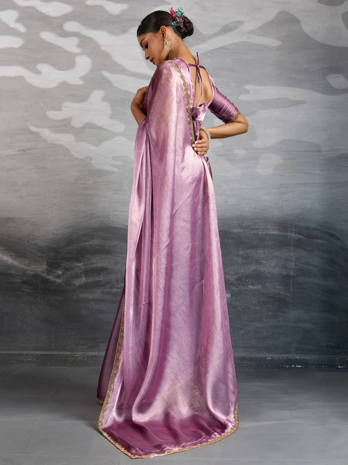 Tarani lavender chiffon saree back view showing blouse design and fall