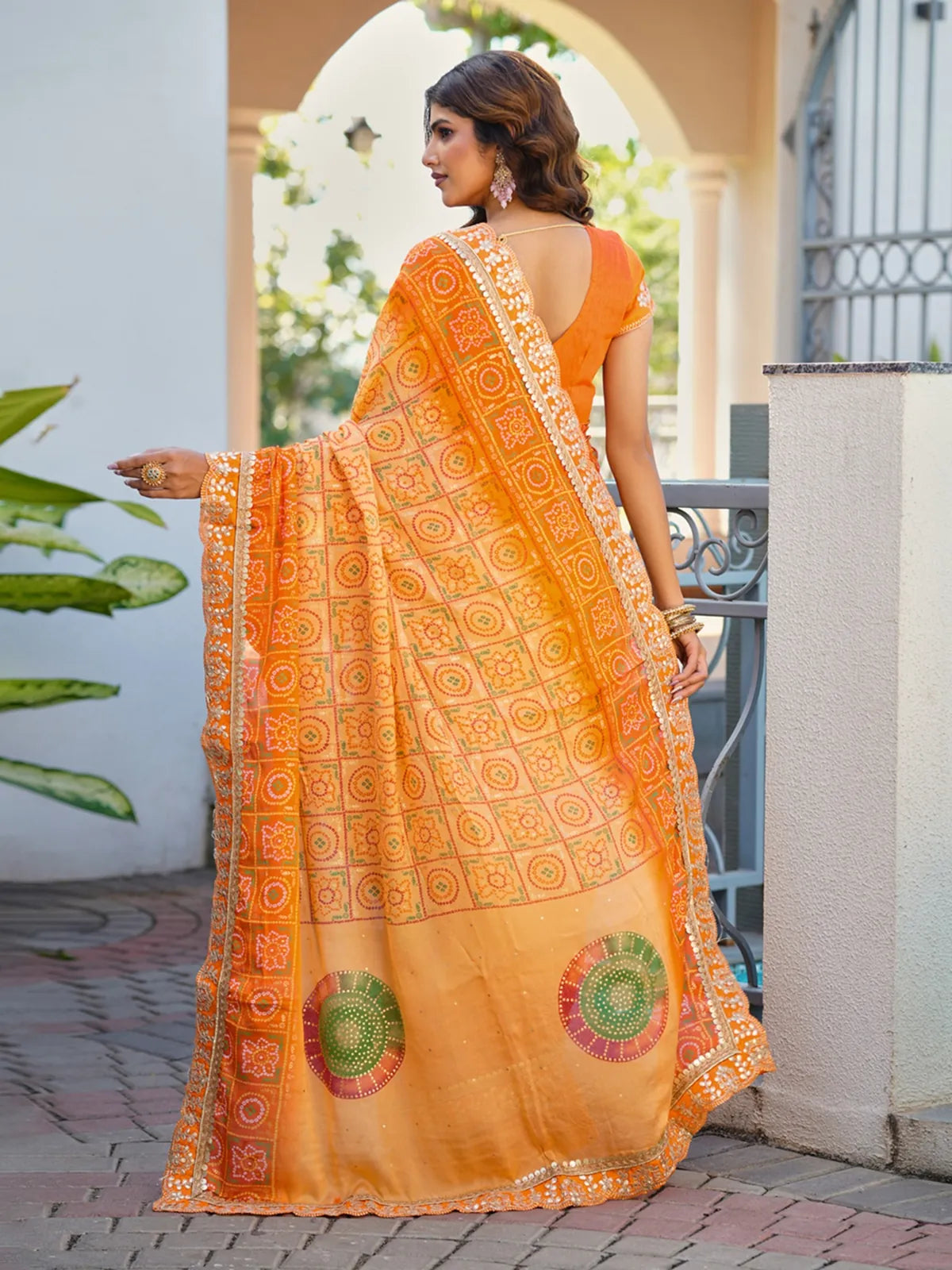 Tarani chiffon saree in orange showing heavy blouse back view and traditional ethnic drape