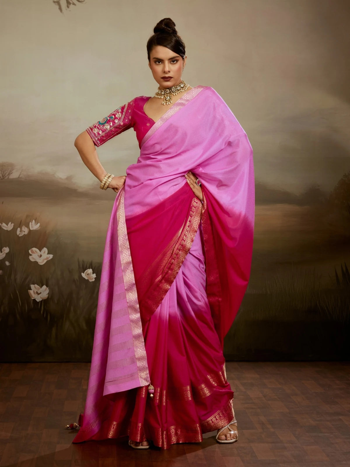 Tarani pink chiffon saree front view with gradient shades and handwork blouse