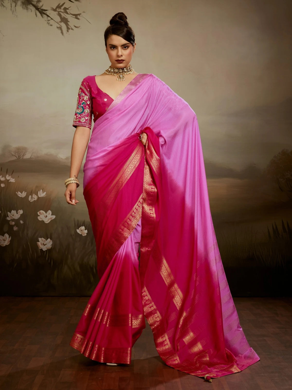 Tarani pink chiffon saree full view with zari woven border and designer blouse for wedding wear