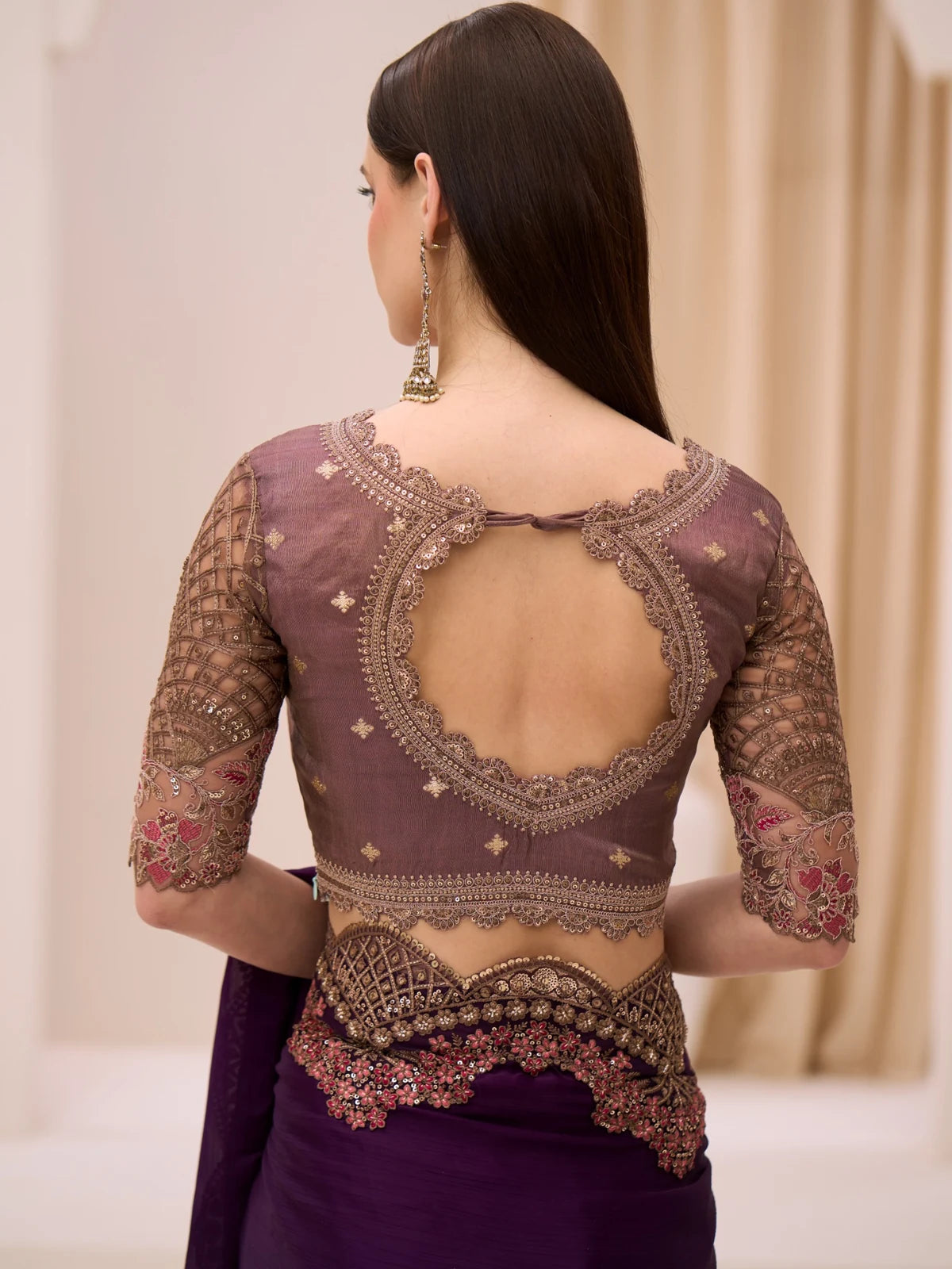 Tarani Anuja brocade blouse back design with purple saree back view