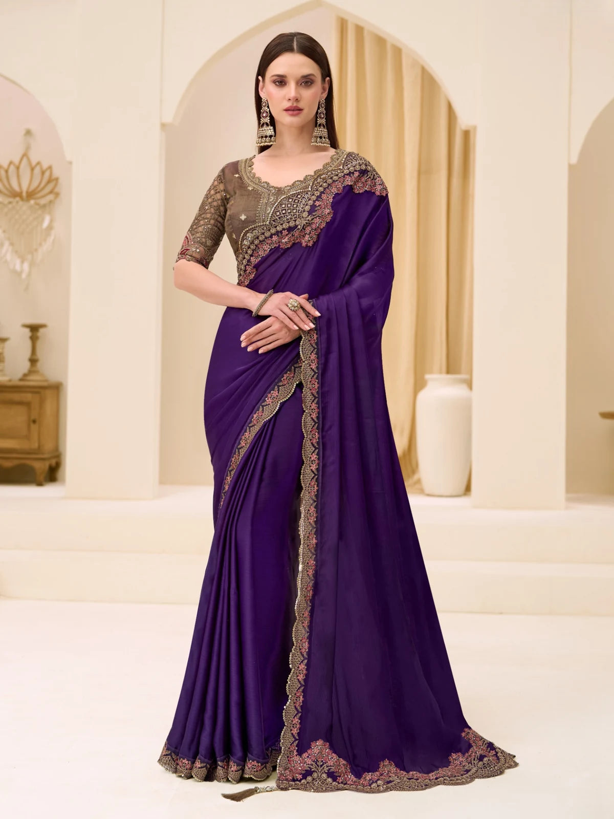 Tarani Anuja purple satin chiffon saree with embroidery zari work full front view party wear