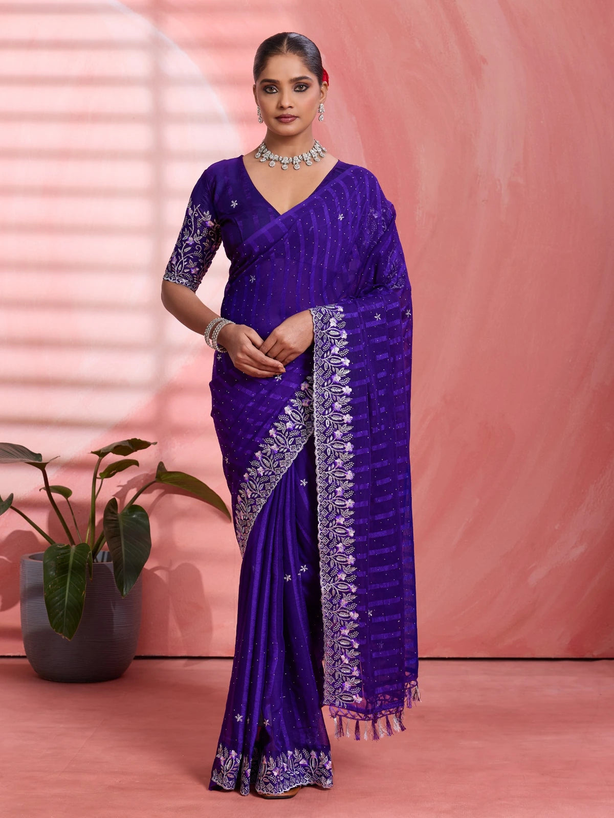 Tarani purple solo chiffon saree with multi panel work full view festive wear