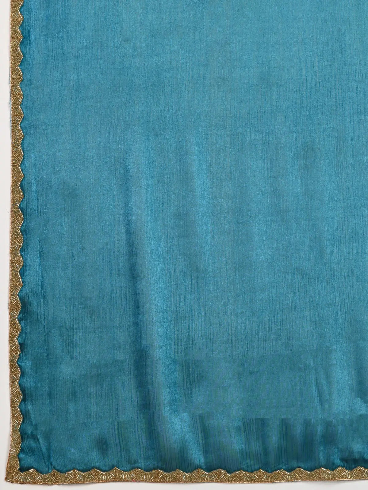 Tarani closeup of teal chiffon texture with beaded cutdana lace border by Tarani
