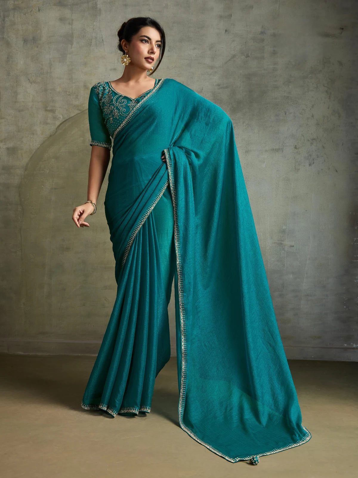 Tarani teal chiffon saree with zarkan work and designer blouse full front party wear view