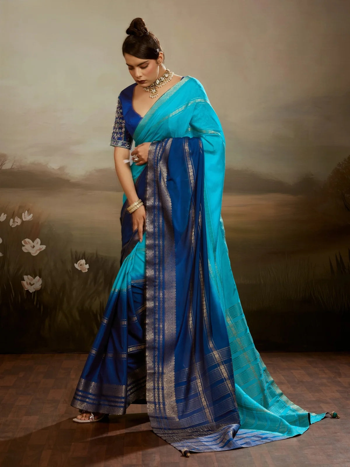 Tarani Urmika sky blue chiffon saree full view with zari woven pallu and designer blouse