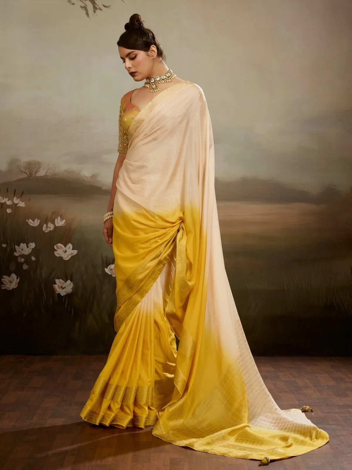 Tarani yellow chiffon saree with summer gradient shades and designer blouse full view