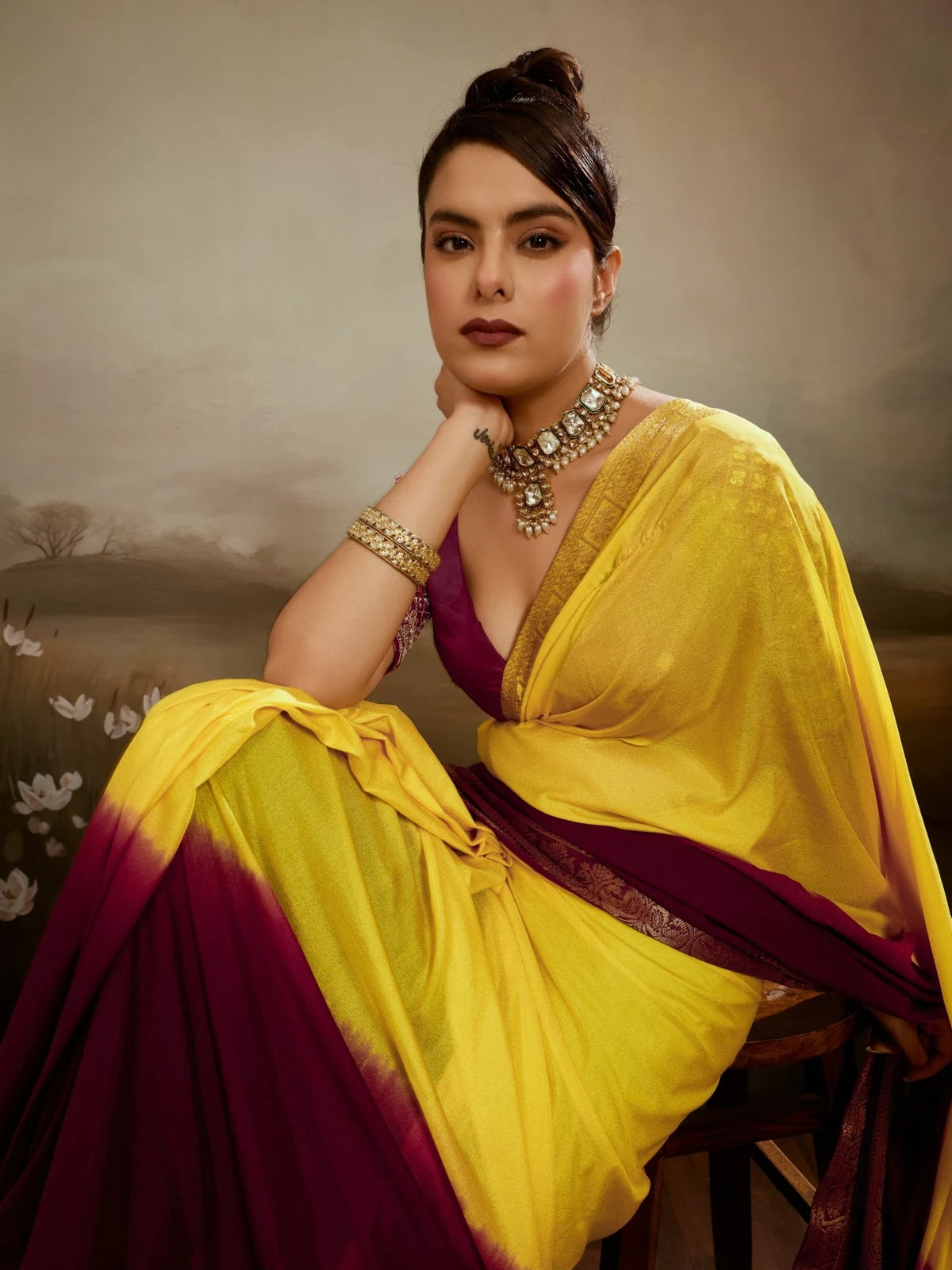 Tarani soft chiffon yellow saree upper body view with handwork blouse sleeves