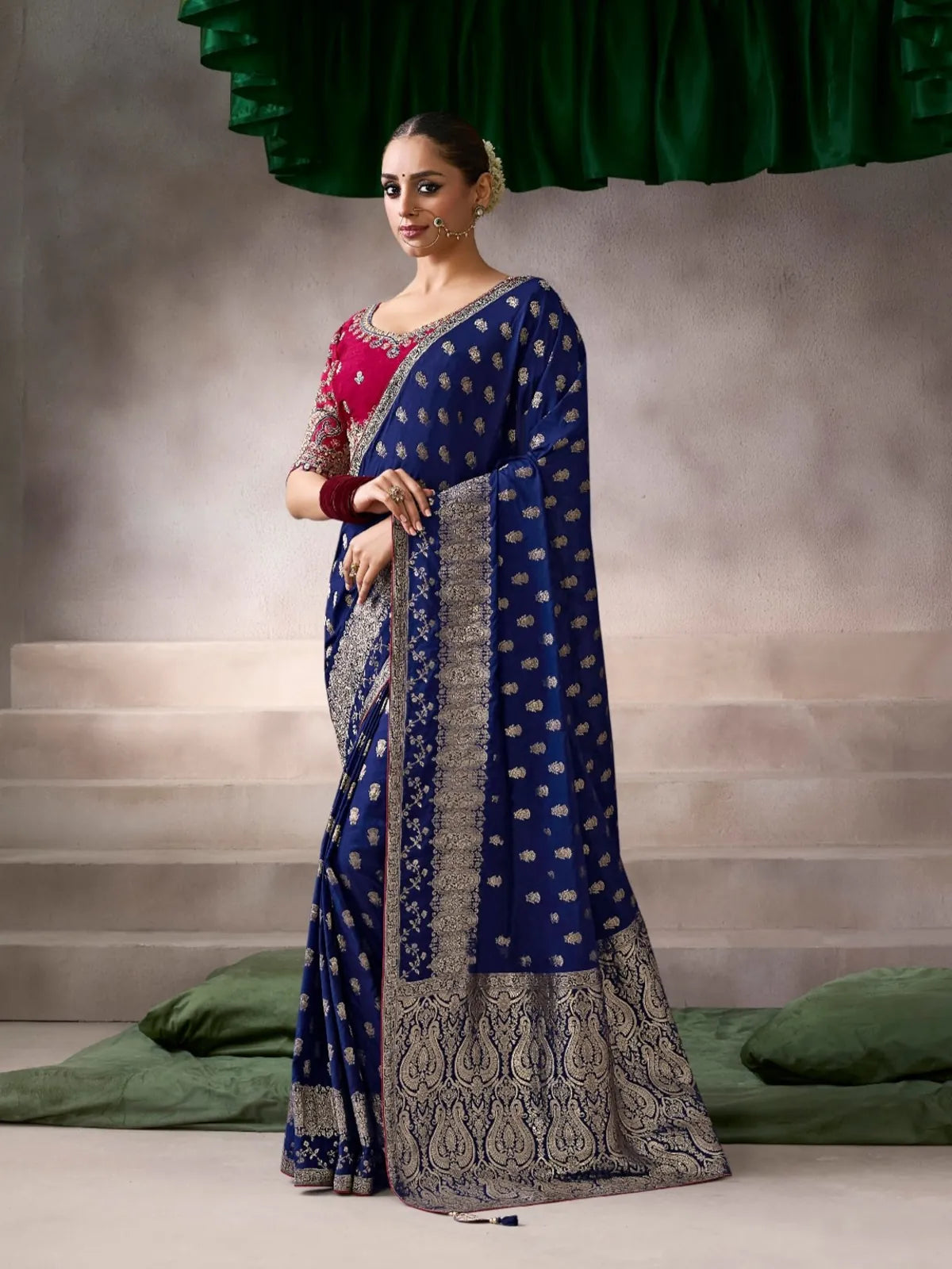Tarani premium blue chiffon-silk saree with rich zari border and festive blouse front full view