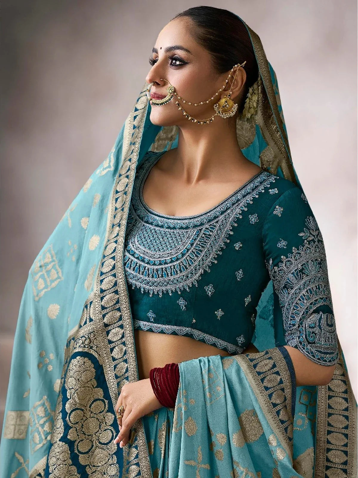 Tarani blue saree upper body view featuring embroidered blouse and delicate zari work